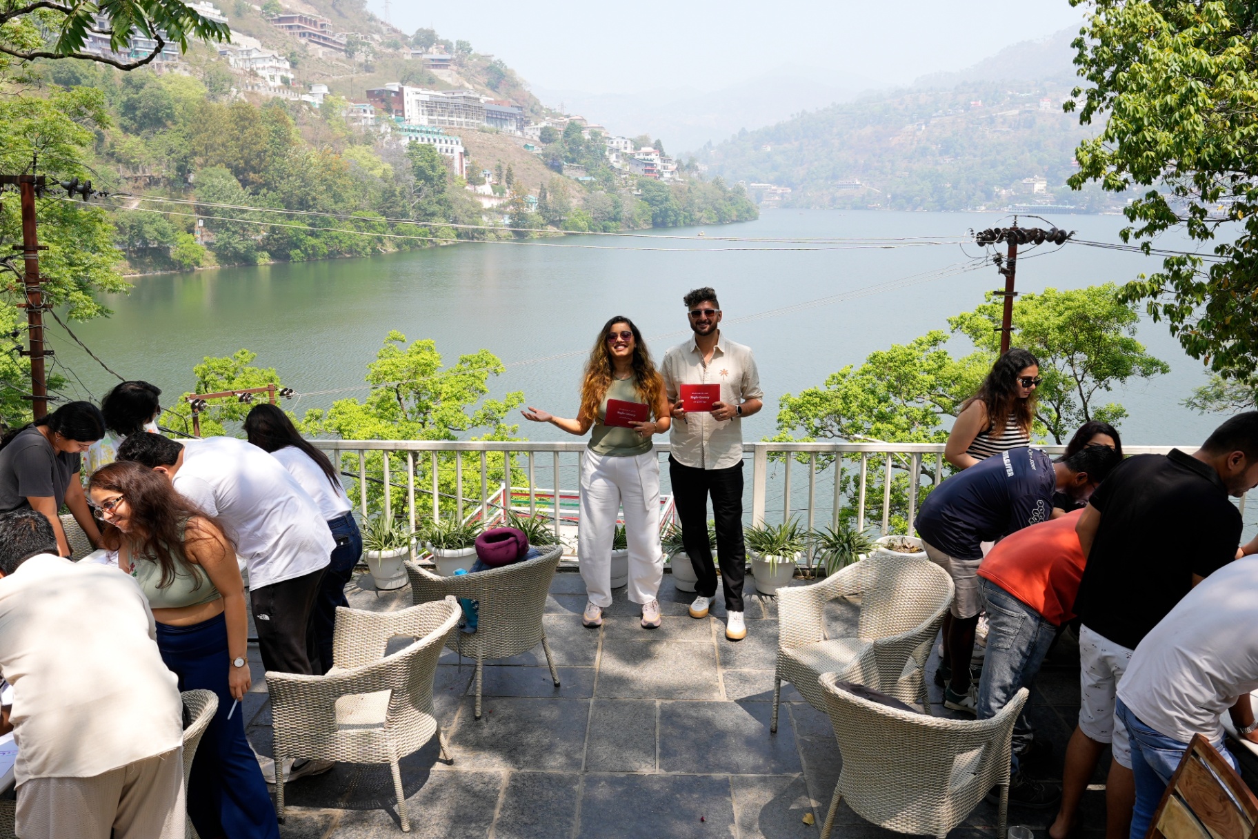 Ayushi and Yajan hosting a lakeside session