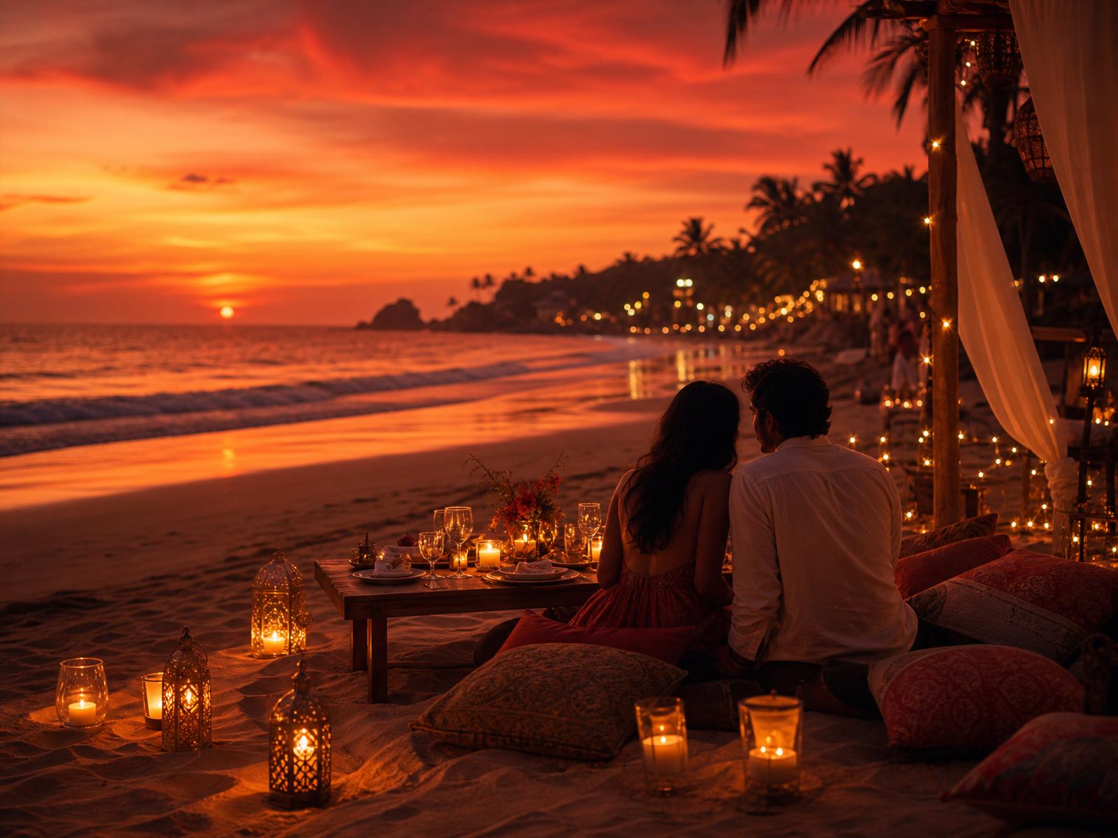 Warm candlelit beach dinner at sunset in Goa with lanterns and a glowing red sky